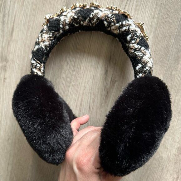 Anthropologie Fancy Plaid Embellished Faux Fur Earmuffs - Black